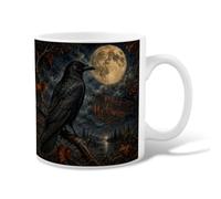 Raven Ceramic Coffee Mug, Gothic Spooky Moon Tree Halloween Black Novelty Hot Chocolate Mug with Handle Ideal for Friends Family Coworkers Teachers Couples Employees 11 Oz