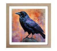 Raven Color Field Painting No.1 Framed Print | 18x18 Inch Oak Framed Wall Art | Ready to Hang | Modern Animal Picture | Living Room Bedroom Lounge Office
