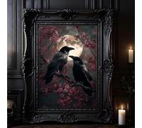 Raven Couple Wall Art Gothic Full Moon Poster Black Crow Picture Dark Academia Animal Prints Gothic Botanical Wall Art Moody Flower Painting Dark Cottagecore Prints Spooky Halloween Painting Unframed