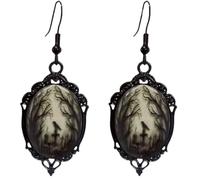 Raven Cross Glass Cameo Earrings - Vintage Gothic Raven Drop Dangle Earrings - Mystic Witch Jewelry Gift Halloween Accessories