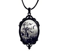 Raven Cross Glass Pendant Necklace Gothic Vintage Dark Crow Flying Vampire Bat Mystic Witch Cameo Oval Black Leather Rope Choker Necklace for Men Women Goth Halloween Cosplay Party Jewelry Gifts