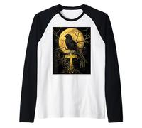 Raven Cross Moon Men Black Gothic Women Black Crow Raglan Baseball Tee