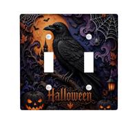 Raven Double Light Switch Cover Plate, Gothic Seasonal Pumpkins Spider Web Halloween Black Standard Size Toggle Light Switch Cover for Home Living Room New Apartment Decor