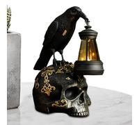 Raven Figurine - Dark Gothic Crow Sculpture, Intricate Feaather Texture Solar Lantern Accent, Spooky Collectible Decoration Adds Haunted Ambience | Statue for Patio Yard Living Room Kitchen