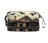 Raven Flying Over Abandoned Cabin Double Layer Cosmetic Bag for Women and Girls, Travel Toiletry Bag Makeup Handy Pouch Organiser Bag with Brush Compartment