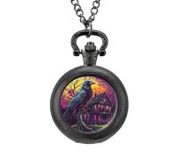 Raven Gothic House Moon Vintage Pocket Watch with Chain Arabic Numerals Scale Quartz Pocket Watches Gifts for Men Women