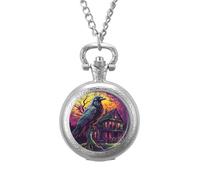 Raven Gothic House Moon Vintage Pocket Watch with Chain Arabic Numerals Scale Quartz Pocket Watches Gifts for Men Women