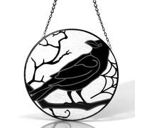 Raven Gothic Stained Glass Window Suncatcher Black Crow Sun Catcher Hanging Decor for Home, Garden, Patio & Halloween Real Hand-Painted Glass Ornament Ready to Hang Gift