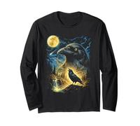 Raven Howling to The Moon Meme Funny 90's Crow Bird Raven Long Sleeve T-Shirt