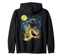 Raven Howling to The Moon Meme Funny 90's Crow Bird Raven Zip Hoodie