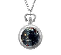 Raven in Santas Hat Moon Men's Pocket & Fob Watches Analogue Display Quartz Watch with Chain for Birthday Christmas Father's Day Silver-Style