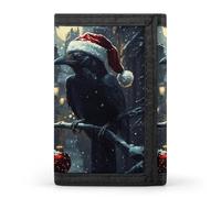 Raven in Santas Hat Moon Trifold Men's Wallets with 8 Card Slots & Key Hook Slim Travel Purse Money Clip