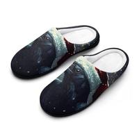 Raven in Santas Hat Moon Women's Slippers Cotton Warm House Shoes with Rubber Anti-Slip Sole Slip On for Home Outdoor 9-10（40-41）