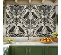 Raven Kitchen Curtains, Gothic Victorian Skull Rose Halloween Black Tiered Kitchen Window Curtain Set for Small Rv Sink Area Narrow Window 42x45 Inch