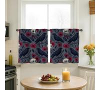 Raven Kitchen Curtains, Gothic Vintage Poppy Skull Halloween Black Patterned Curtains for Small Rv Sink Area Narrow Window 26x30 Inch