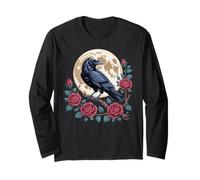 Raven Moon Roses Gothic Crow Retro Illustration Vintage Long Sleeve T-Shirt