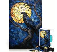Raven Moon Stained Glass Jigsaw Puzzles for Teenagers 1000 Piece Recall Upgrade Calm Relax Clear Cut Art Collection Piece (50x75cm)