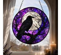 Raven Moon Stained Glass Window Hanging, Purple Gothic Suncatcher, Crow Bird Witchy Wall Decor, Round Celestial Window Art Gift for Her 7.8 inch