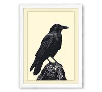 Raven on Stone Vintage Framed Wall Art Print A2 (59.4×42cm) White, Wall Decor for Living Room, Bedroom, Office & Home, Ready to Hang, Art Gift