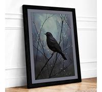 Raven on Winter Branch Scandinavian Framed Wall Art Print A1 (84.1×59.4cm) Black, Wall Decor for Living Room, Bedroom, Office & Home, Ready to Hang, Art Gift