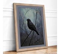 Raven on Winter Branch Scandinavian Framed Wall Art Print A2 (59.4×42cm) Oak, Wall Decor for Living Room, Bedroom, Office & Home, Ready to Hang, Art Gift