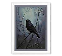 Raven on Winter Branch Scandinavian Framed Wall Art Print A2 (59.4×42cm) White, Wall Decor for Living Room, Bedroom, Office & Home, Ready to Hang, Art Gift