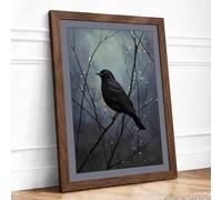 Raven on Winter Branch Scandinavian Framed Wall Art Print A3 (42×29.7cm) Walnut, Wall Decor for Living Room, Bedroom, Office & Home, Ready to Hang, Art Gift