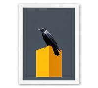 Raven on Yellow Minimalist Framed Wall Art Print A2 (59.4×42cm) White, Wall Decor for Living Room, Bedroom, Office & Home, Ready to Hang, Art Gift
