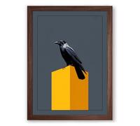 Raven on Yellow Minimalist Framed Wall Art Print A4 (29.7×21cm) Walnut, Wall Decor for Living Room, Bedroom, Office & Home, Ready to Hang, Art Gift