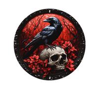 Raven Perched On Skull Amid Red Flowers And Dark Trees Round Vintage Tin Sign,Retro Wall Art,Metal Poster for Home, Bar, Garage, Cafe, Rustic Indoor & Outdoor Decor, 8x8 Inches