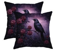 Raven Pillow Covers Set of 2, Black Crow and Red Roses Decorative Throw Pillow Cases, Gothic Seasonal Home Decor Cushion Covers for Sofa Couch Bed 20x20 Inch