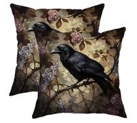 Raven Pillow Covers Set of 2, Black Crow Floral Throw Cushions, Gothic Decorative Square Home Sofa Bed Lounge Decor 16x16 Inch