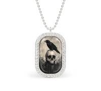 Raven Sitting upon A Skull Dark Rectangle Pendant Necklace Silver Women Jewelry Alloy Keychain Tag Jewelry