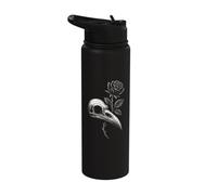 Raven Skull Rose Botanical Line Art Vintage Style Stainless Steel Insulated Water Bottle