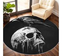Raven Skull Rug, Skull Round Rug 150cm, Horror Theme Circle Rugs, Washable Circle Carpet for Dining Living Room Bathroom Under the Sofa