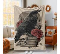 Raven Throw Blanket, Gothic Dark Rose Skull Fall Black Plush Blanket Lightweight Compact Aesthetic for Couch Sofa Bed Lap Desk Dorm Office Work 60x80 Inch