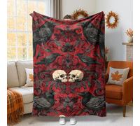Raven Throw Blanket, Gothic Dark Skull Floral Halloween Red Fuzzy Blankets Cozy Lightweight Decorative for Couch Sofa Bed Car Lap Chair Office Desk 60x80 Inch
