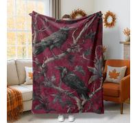 Raven Throw Blanket, Gothic Nature-Inspired Branches Leaves Fall Burgundy Fuzzy Blankets Cozy Lightweight Decorative for Couch Sofa Bed Dorm Chair Car Recliner 50x60 Inch