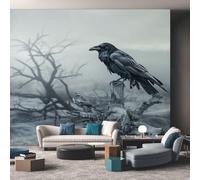 Raven Wallpaper for Living Room, Gothic Dead Tree Crow Wall Mural for Bedroom, Non-Woven Photo Wallpaper Home Decor 300X210cm, Wall Decoration D3
