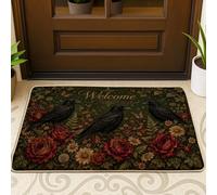 Raven Welcome Door Mat, Autumn Vintage Rose Chrysanthemum Fall Dark Green Washable Low Profile Decorative Doormat for House Office Outside Inside Entrance Decor 29x17 Inch