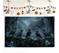 Ravens Backdrop, Gothic Spooky Moss Mushrooms Halloween Black Background Banner for Family Gathering Celebration Photo Shoot 71x43 Inch