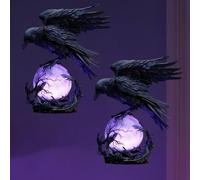 Raven's Moonlight Gothic Led Lamp, 2 Pack Mysterious Crow On Glowing Orb Sculpture, Matte Black Base Raven Lamp For Bedroom Home Dorm Apartment Nightstand