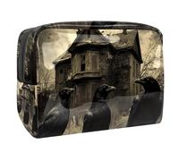 Ravens on Abandoned House Cosmetic Bag for Women, Travel Toiletries Bags Large PVC Makeup Handy Pouch Organiser with Zipper