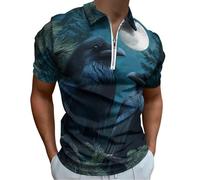 Ravens Perched on Pine Trees Men's Short Sleeve Polo Shirts Casual Zippered Golf Shirt Slim Fit T-Shirt Tops