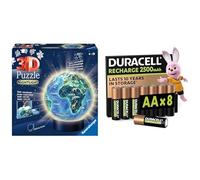 Ravensburger 3D Puzzle Ball Earth LED, 72 pieces, 6+ years, & Duracell AA Rechargeable 8 pack, 2500mAh