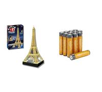 Ravensburger 3D Puzzle Eiffel Tower LED, 226 pieces, 10+ years, & Amazon Basics AAA Alkaline 12 pack, 10yr shelf