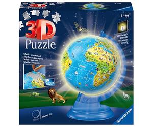 Ravensburger - Educational 3D Ball Puzzle - Illuminated Earth Globe - Ages 6+ - 180 numbered pieces to assemble without glue - Rotating and light stand included - 11289