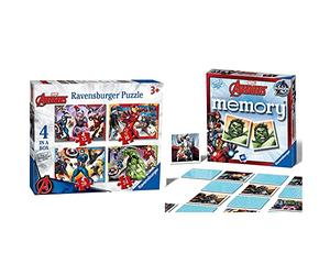Ravensburger Marvel Avengers 4 in Box (12, 16, 20, 24 Pieces) Jigsaw Puzzles for Kids Age 3 Years Up & Marvel Avengers Mini Memory Game - Matching Picture Snap Pairs Game - Hulk, Thor, Iron Man & More