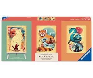 Ravensburger Ukiyo-E Cat Warrior, Red Panda & Dragon Puzzle & Easel Set - 3 x 100 Piece Jigsaw Puzzles for Kids & Adults, Japanese Style Animal Artwork, Includes Small Puzzle Easel
