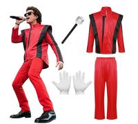 Raveparty Adults Mj Costume, Man Woman Singer Dancer Pop King Costume, Fancy Dress Popstar with Gloves Microphone Disco Clothes for Adults (Red, M)